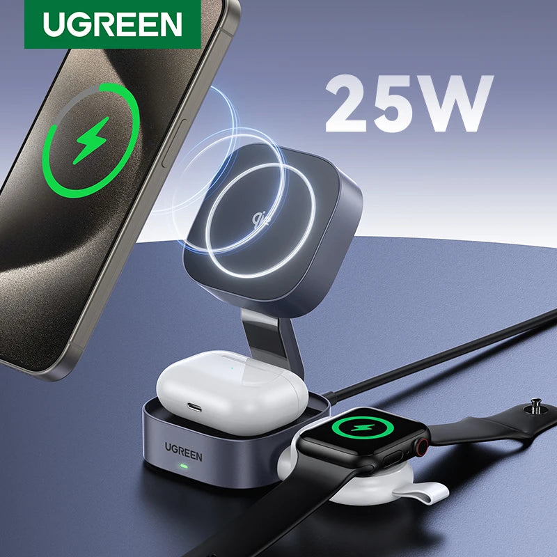 Suporte magnético para carregador sem fio UGREEN 25W Suporte de carregamento 2 em 1 para iPhone 15 14 Pro Max/AirPods para carregador rápido Magsafe